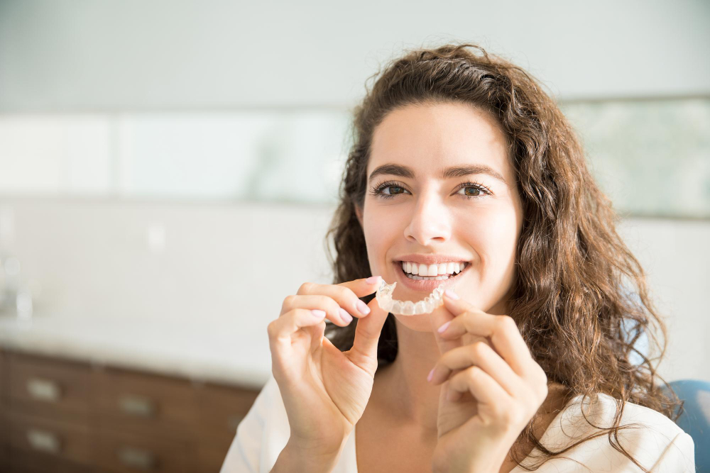 patient holding Invisalign orthodontic retainers in a dental clinic