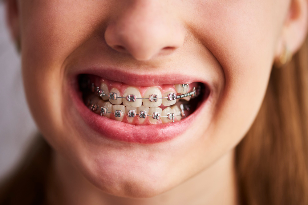 Teenager with braces on teeth for straightening